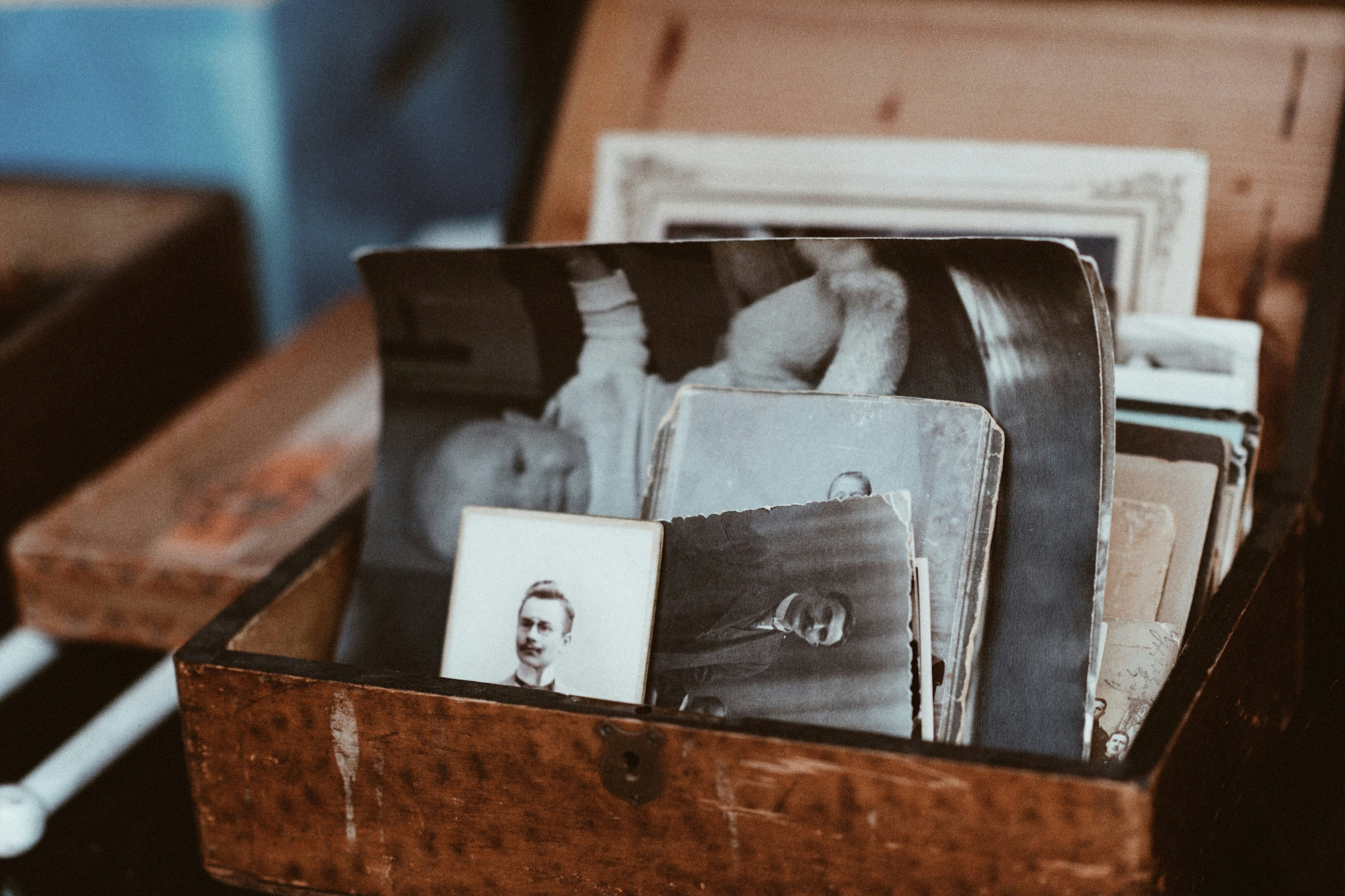 A shoebox of old family photographs